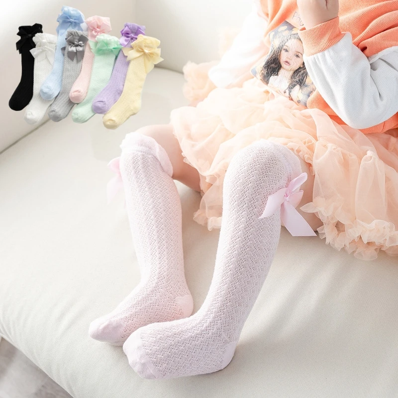 

Baby Knee High Socks Kids Girls Boys Bow Long Sock Soft Cotton Mesh Breathable Children Hollow Out Socken for 0-3 Years Old