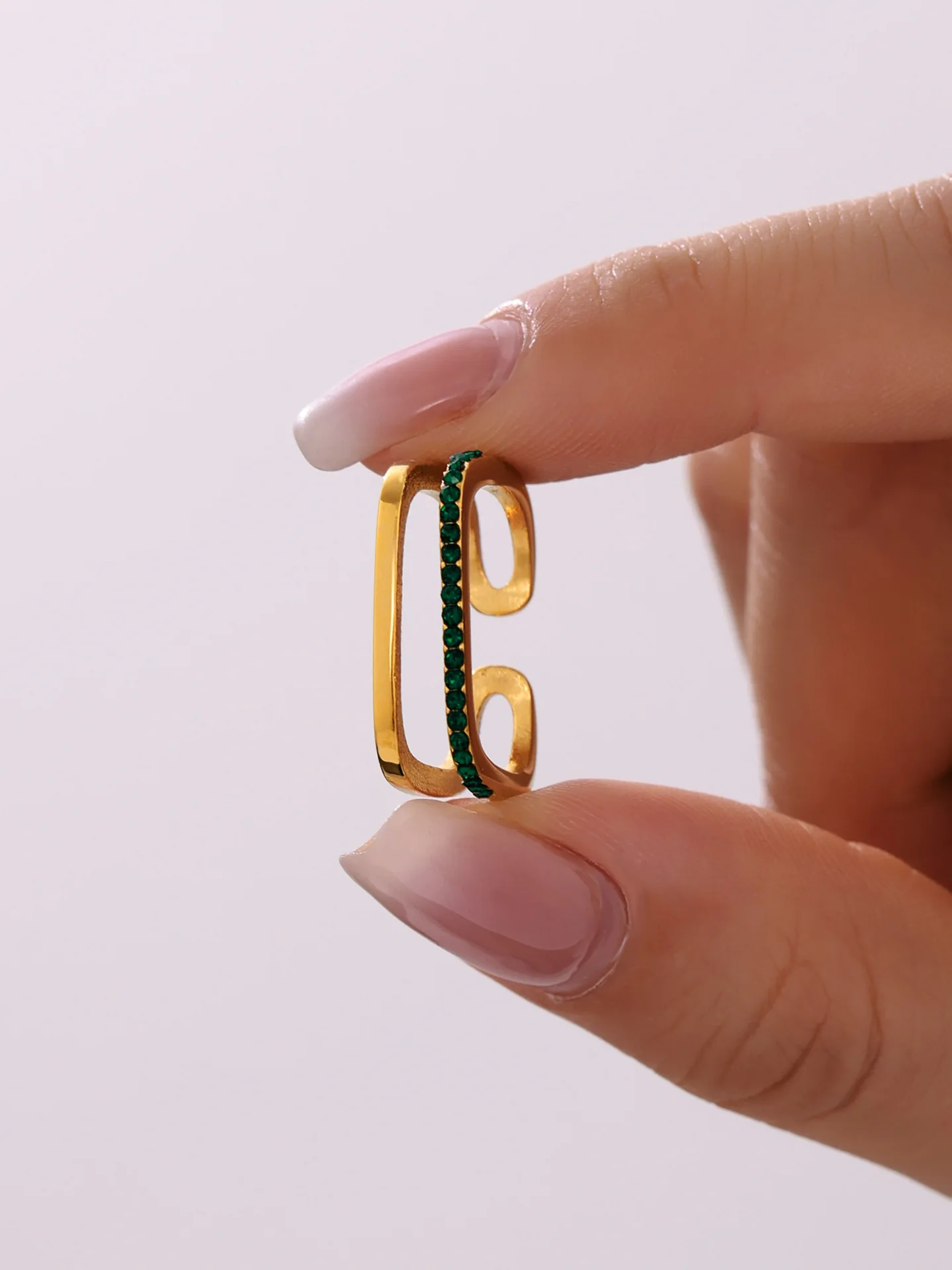 Neuer Grün-Weißer Zirkonia-Ring für Damen, Edelstahl Vergoldet 18k, Muschelperlen Doppelschichtiger Ring, Luxus-Schmuck für Mädchen – Detail 2