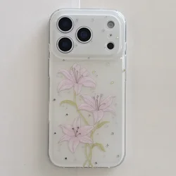 Spring Fresh Pink Lily Flower and Gold Star Pattern White Glossy Protective Phone Case Cover - iPhone 15 (WHITE)