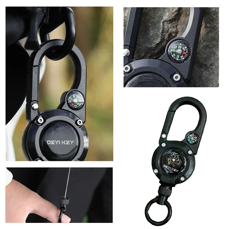 Portable Telescopic Steel Wire Buckle Multi-function With Compass Pull Reel Steel Wire Rope Retractable Carabiner Key Chains