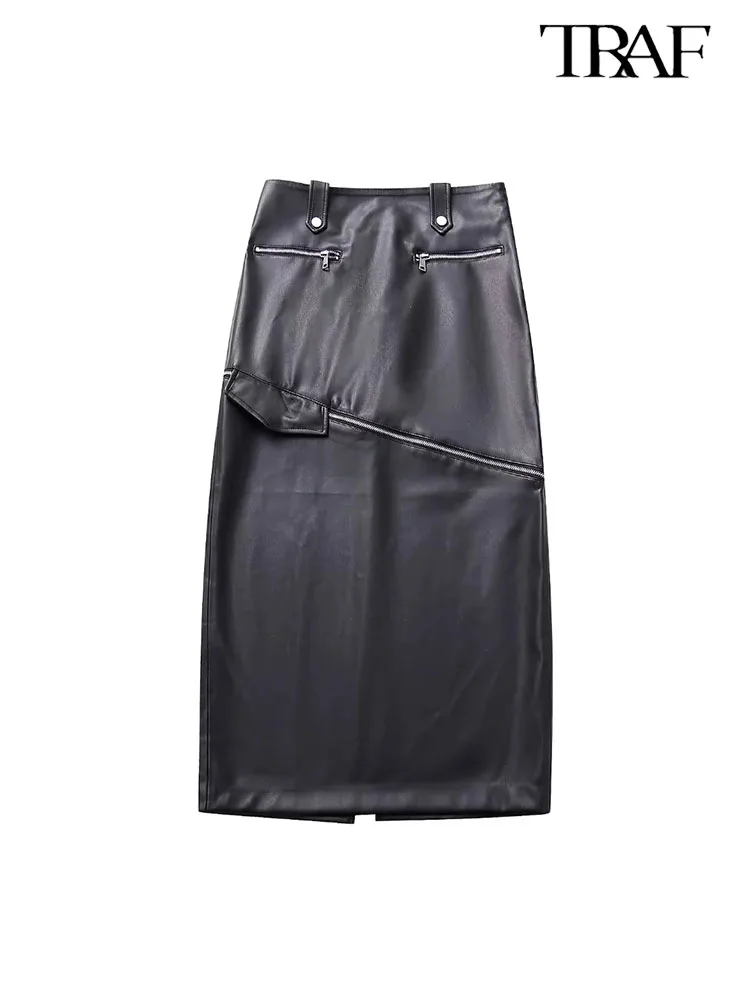 

TRAF Women Faux Leather Midi Skirts Spring Autumn Women's Back Split Mid Waist Skirt Female Zipper Long Skirt