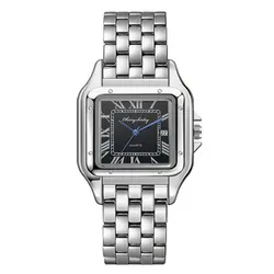 Elegant Square Design Stainless Steel Couple Quartz Watches (Silver Black Men)
