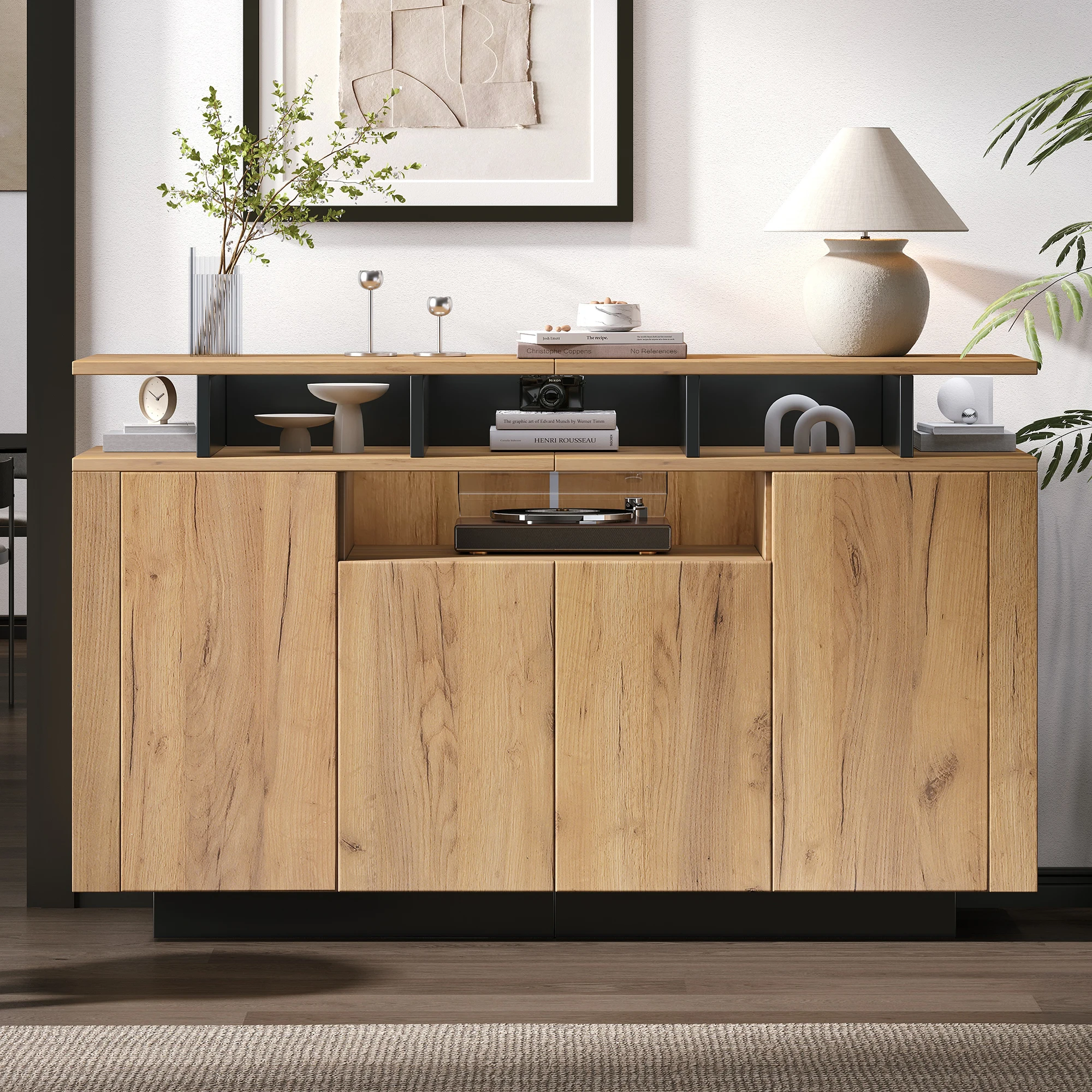 Natürliches Holz-Sideboard mit 4 Türen und 3 Offenen Regalen, Aufbewahrungsorganizer für Zuhause, Büro, Wohnzimmer und Flur – Detail 1