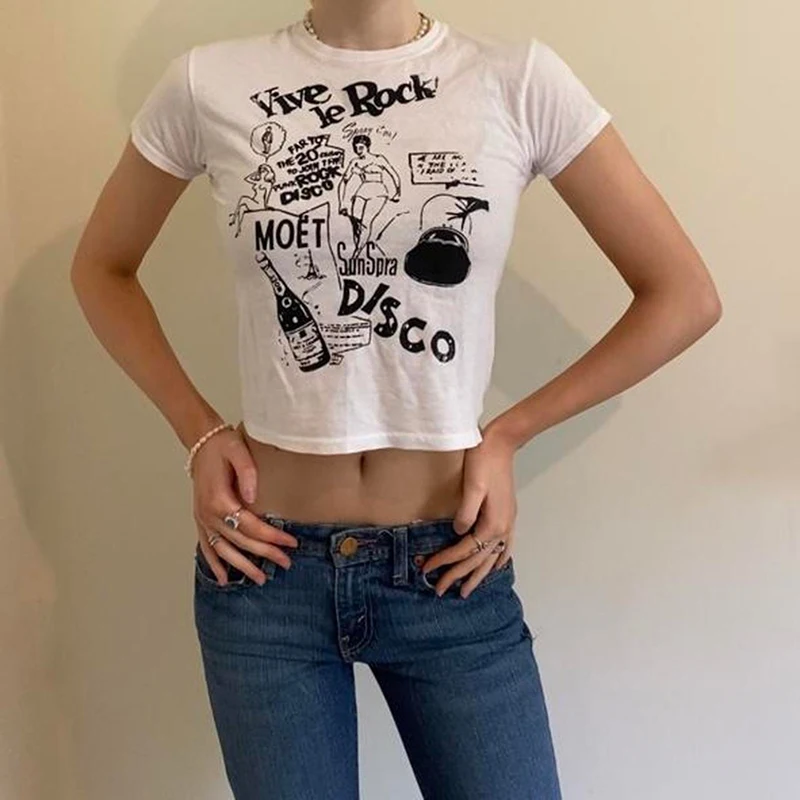 

Летний Повседневный тонкий кроп-топ, винтажные гранж-футболки, уличная одежда, Женская эстетичная футболка с графическим принтом, Сексуальная Милая футболка Y2k в стиле Харадзюку