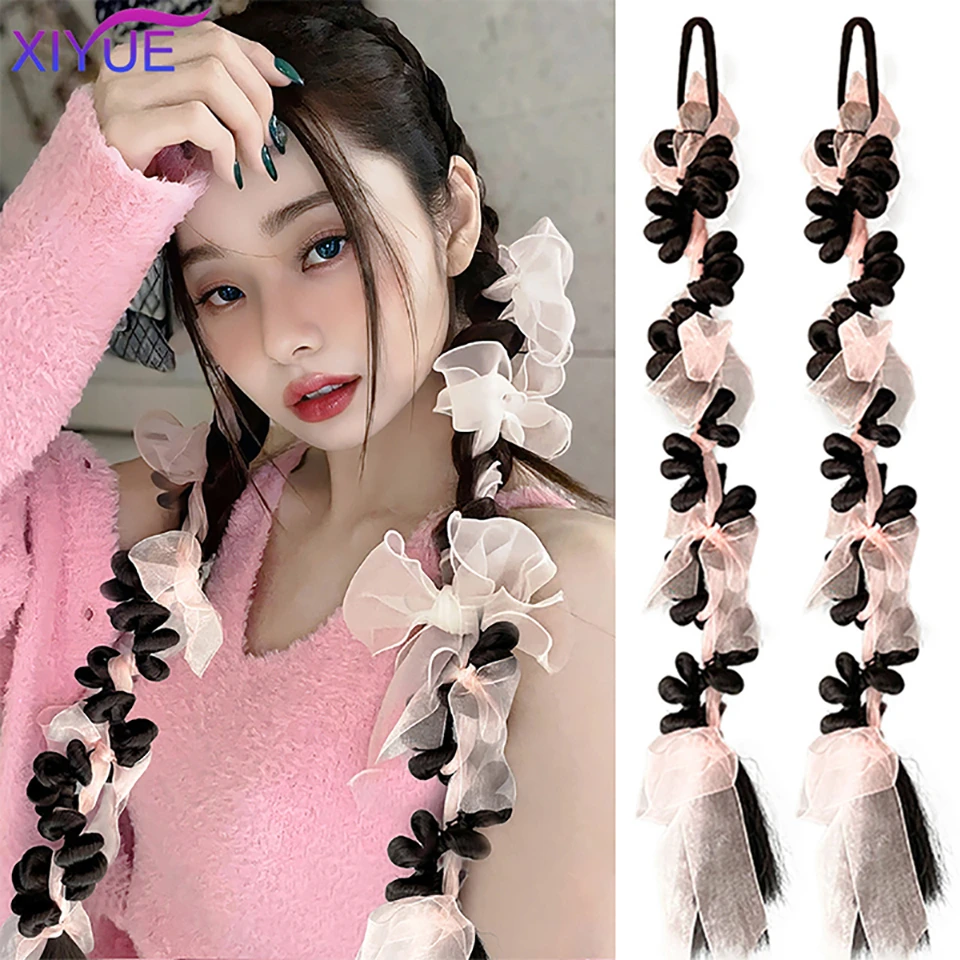 XIYUE 2PC Pink Ribbons tTwisted Tail Clip In Ponytail Hair Extension