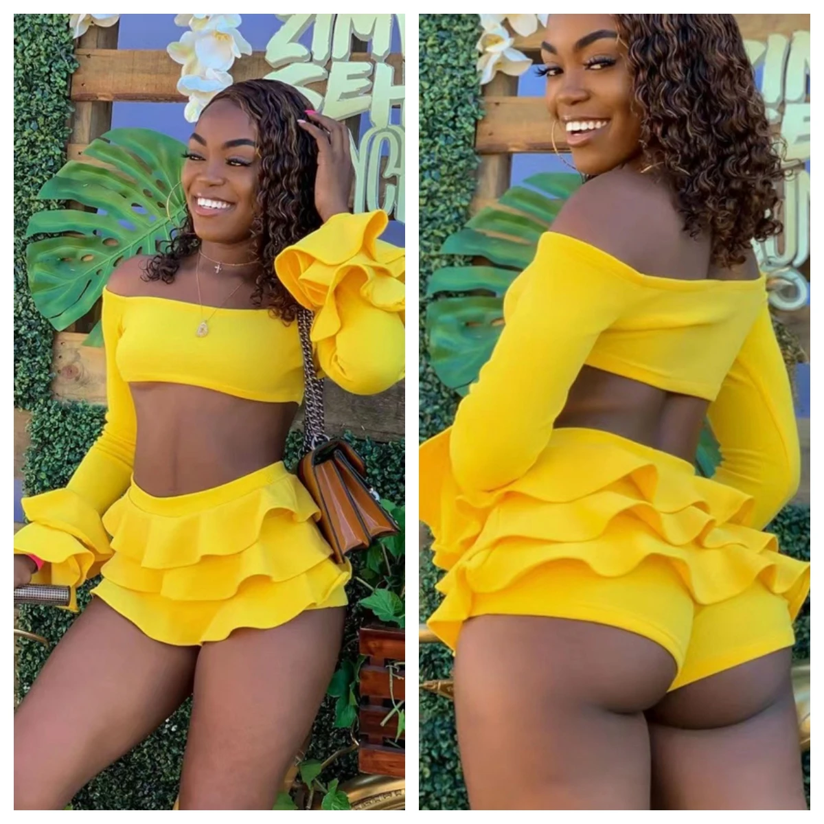 Solid Sexy Ruffles Two Piece Set Women Slash Neck Off Shoulder Long Flare Sleeve Crop Top Mini Shorts Skirts Fashoin Casual Suit