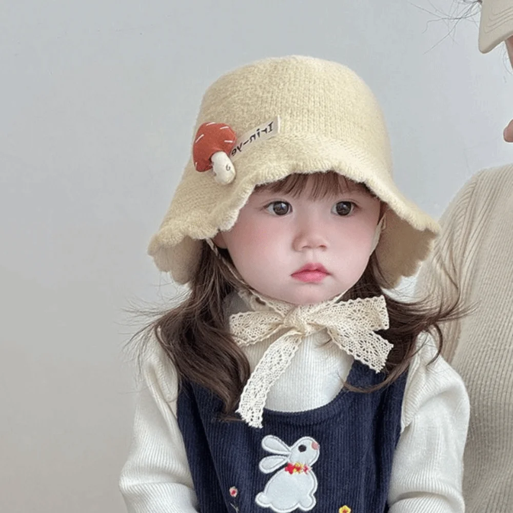 Soft Warm Knitted Hat Mushroom pattern Solid Color Curled Fisherman Cap Breathable Cold-Resistant Baby Bucket Hat Winter Season