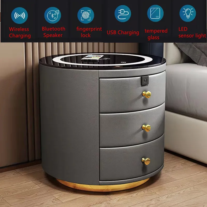 SolidWoodSmartBedsideTableSimpleUSBLEDNightstandFingerprint