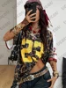 Summer New Leopard No. 23 Print T-Shirt For Women V-Neck Patchwork Short Sleeve Sports Football Jersey Y2K Loose Oversized Tops