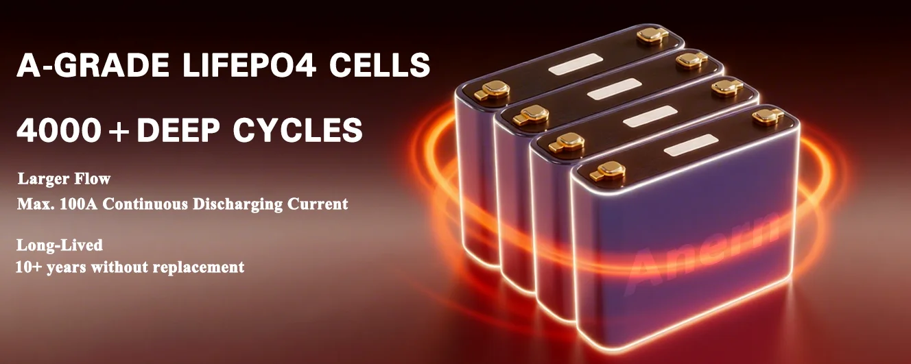 Anern 12V 24V 100Ah Lithium Battery Overload and Short Circuit Protection IP65 Max Discharge Current 800A Battery for Home RV