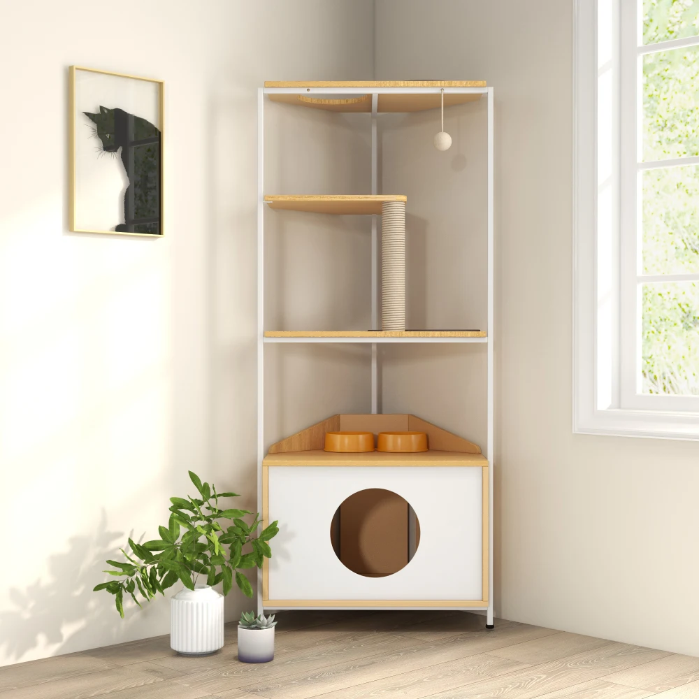 Corner Cat Tower, Cat Tree Scratching Post Condo with Feeding Station and Climbing Platforms Pet Furniture for Indoor Cats
