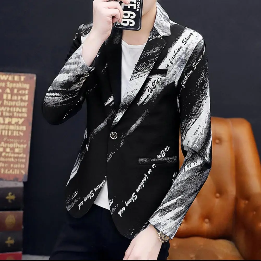 Men Jacket Long Sleeves Letter Print Dress-up Korean Style Men Suit Coat Garment