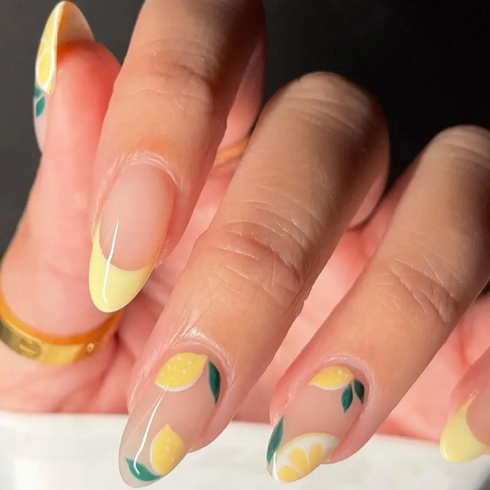 

HEALLOR 24pcs Long Almond False Nails French Lemon Red Heart Fake Nail Nail Tips DIY Full Cover Detachable