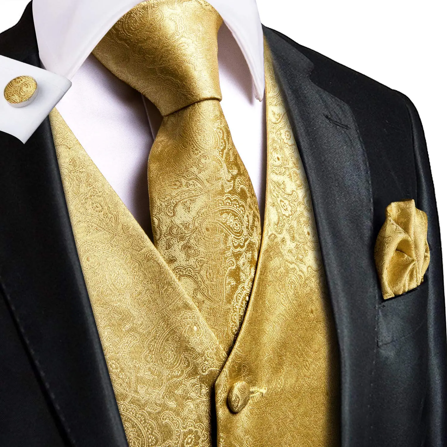 Hi-Tie Gold Mens Vest Silk Tie Hanky Cufflinks Set Wedding