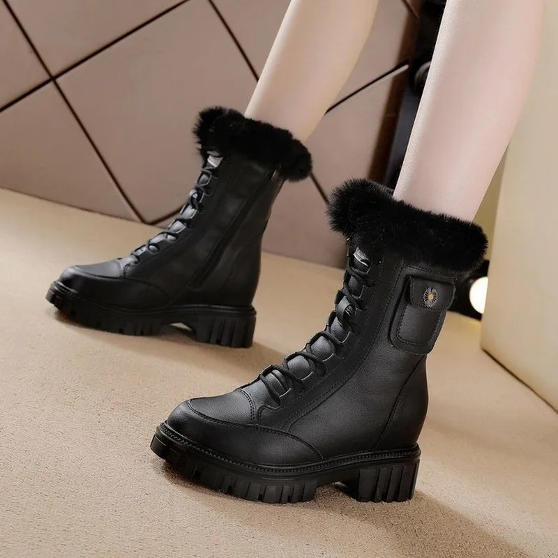 Internal Increase 7CM Women & Girls Snow Boots Winter Warm Female Antiskid Soft Leather Shoes With Thick Plush Size 35-40