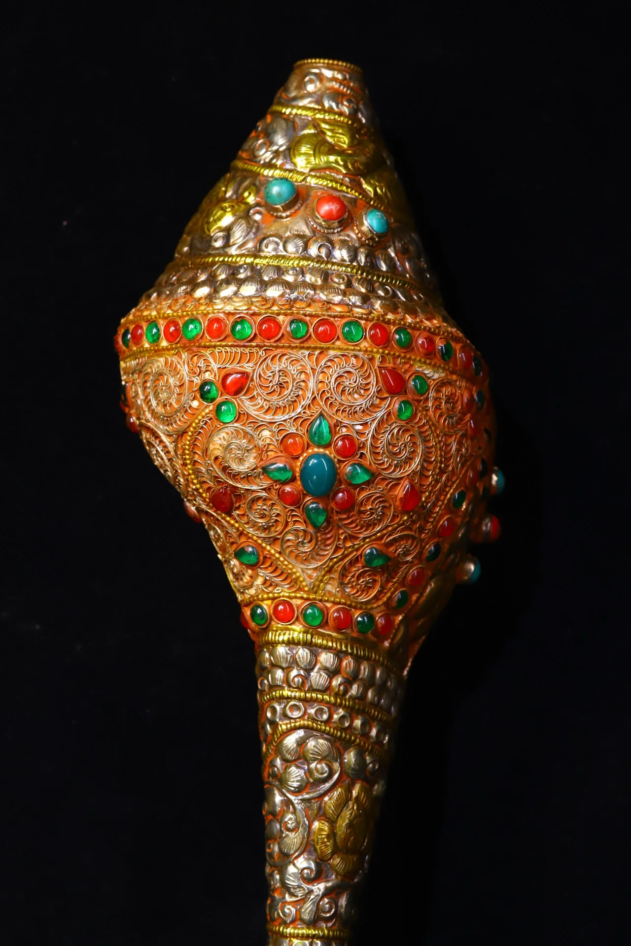 

12" Tibetan Temple Collection Old Natural Conch Gilt Mosaic Gem Conch river snail horn Buddhist niche Town house Exorcism