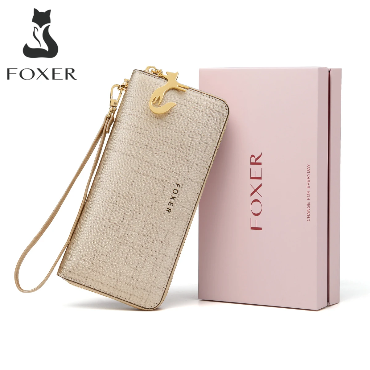 FOXER Women Split Leather Wallet Bifold Clutch Bag with Wristlet Fashion Card Holder Coin Purse Cellphone Bag Female Money Bag