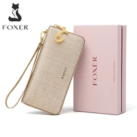 FOXER Women Split Leather Wallet Bifold Clutch Bag with Wristlet Fashion Card Holder Coin Purse Cellphone Bag Female Money Bag