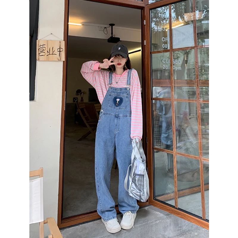 American Retro Baggy Overalls Jeans For Women Summer Casual High Quality Wide Pants Light Blue Jumpsuit Denim Trousers Female
