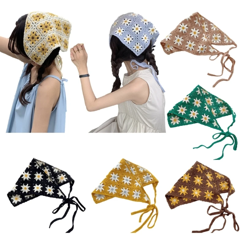 

Camping Crochet Flower Hair Scarf Handmade Hairband Y2k Woman Turban Dropship