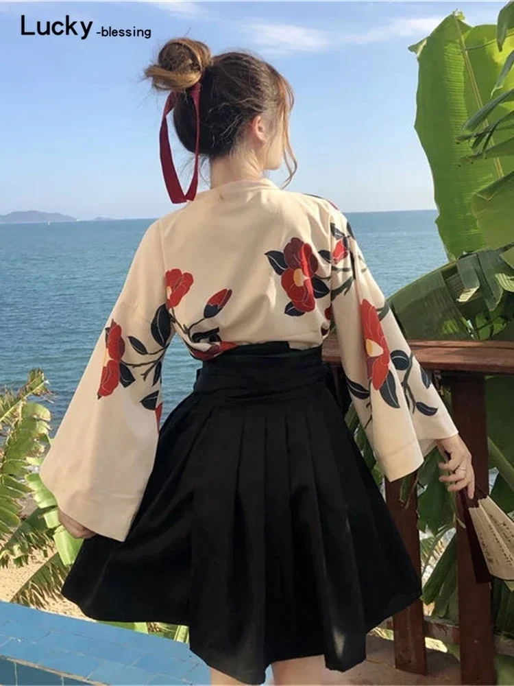 Japanese Style Floral Print Dress Long Kimono Skirt Kawaii Clothing Girls Party Robe Set Vintage Costume Asian Cosplay Women New
