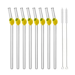 Eco - Friendly Lemon Shaped High Borosilicate Glass Drinking Straws - Set of 4 to 12 (8 straws 2 brush)