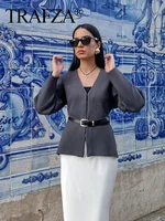 TRAFZA 2024 Autumn Slim Skirts Sets Wine Red Solid V-Neck Long Sleeve Cardigan+ A Line Mini Skirts Mujer Roupas Casual Street 2