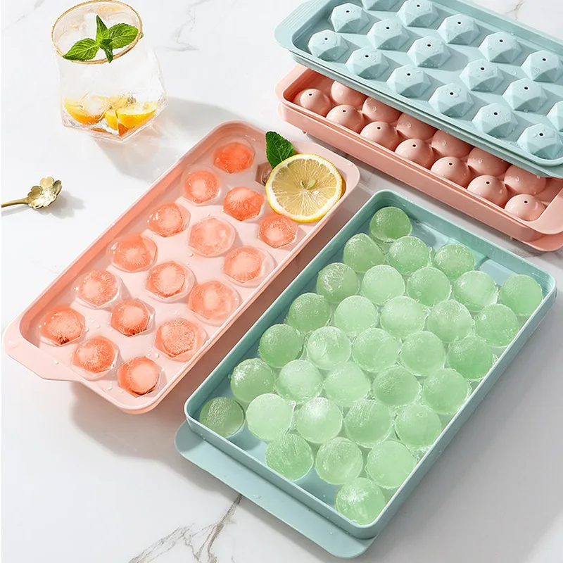 Round Ice Cube Tray with Lid & Bin Ice Ball Maker Mold for Freezer with  Container Mini Circle Ice Cube Tray Making 66PCS Sphere Chilling Cocktail