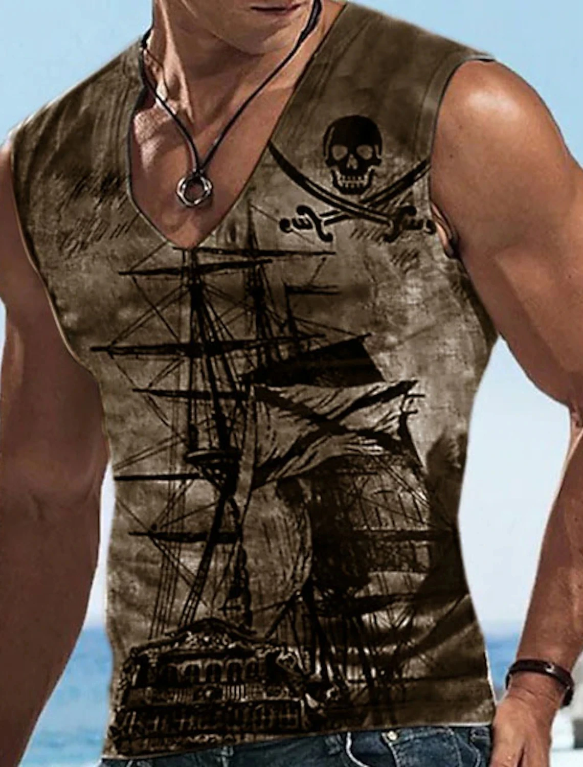 Men\'s Bottom Shirt Pattern Boat Rudder V-Neck 3D Outdoor Street Sleeveless Printed Clothing Athletic Casual Big & Tall Tank Top