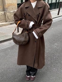 Cappotto lungo Casual da donna retrò colletto rovesciato cappotti doppiopetto a maniche lunghe con cintura capispalla donna allentata Vintage moda 1