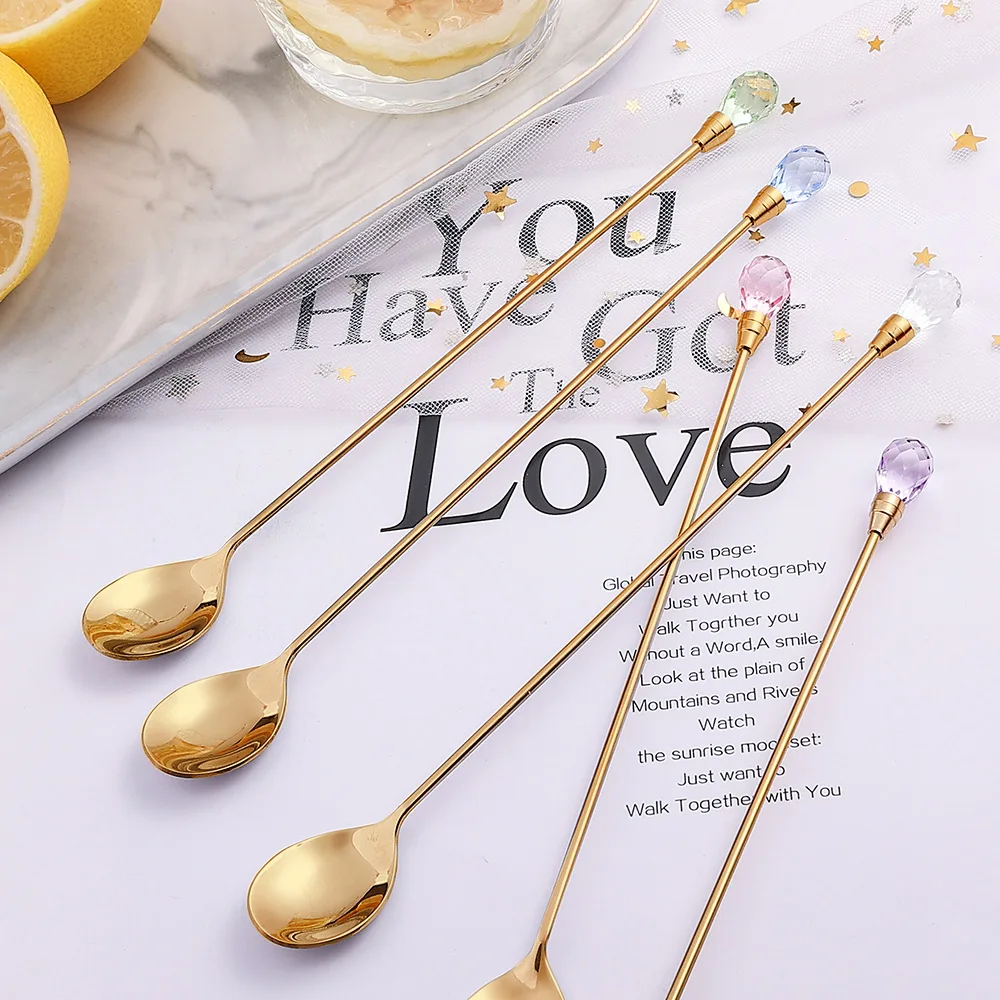 Crystal Spoon Set stainless steel spoon tea spoon Long Handle 430 Stainless Steel for Dessert Ice Cream Coffee Cocktail 5pcs