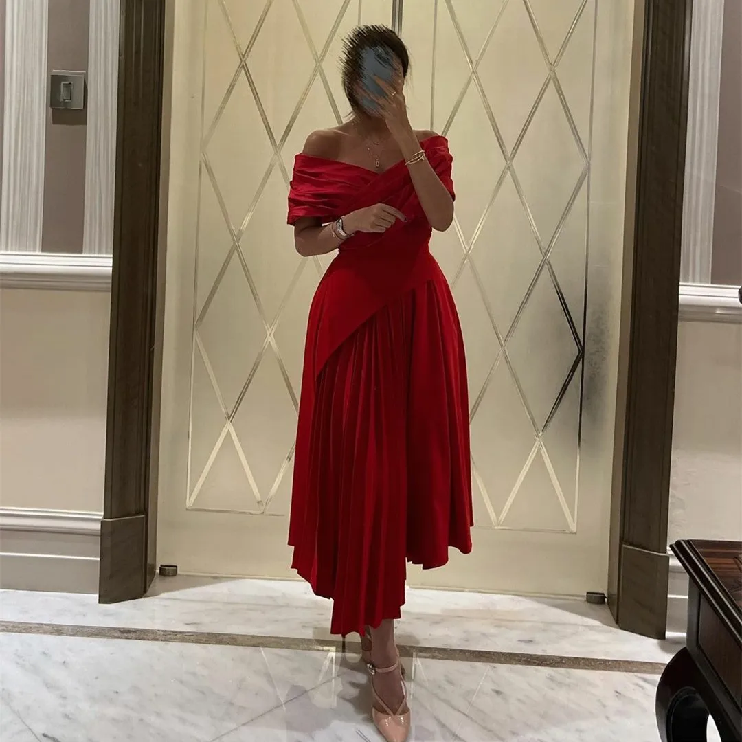 

Off the Shoulder Prom Dresses for Kids Girls Tea-Length Satin Pleated Party Gowns for Wedding A-Line robe soireé femme