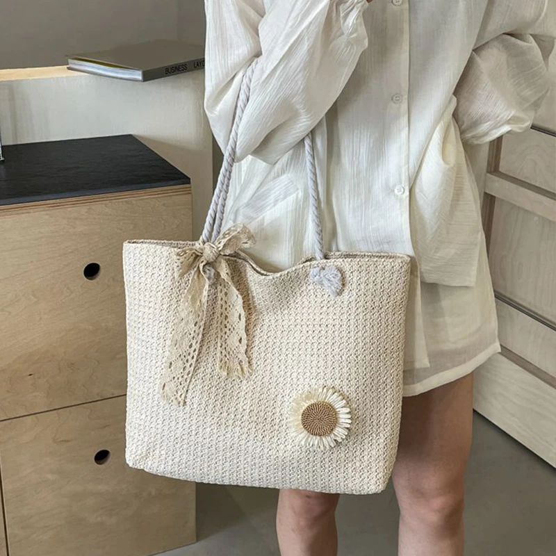 Fashion Straw Women Lace Ribbon Shoulder Bags Woven Female Handbags Large Capacity Summer Beach Straw Bags Casual Tote Purses