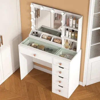 Vanity Desk with Mirror and Lights,35.4 White Vanity with Glass Top, Vanity Table with 5 Drawers,3 Lighting Modes & Bright 1