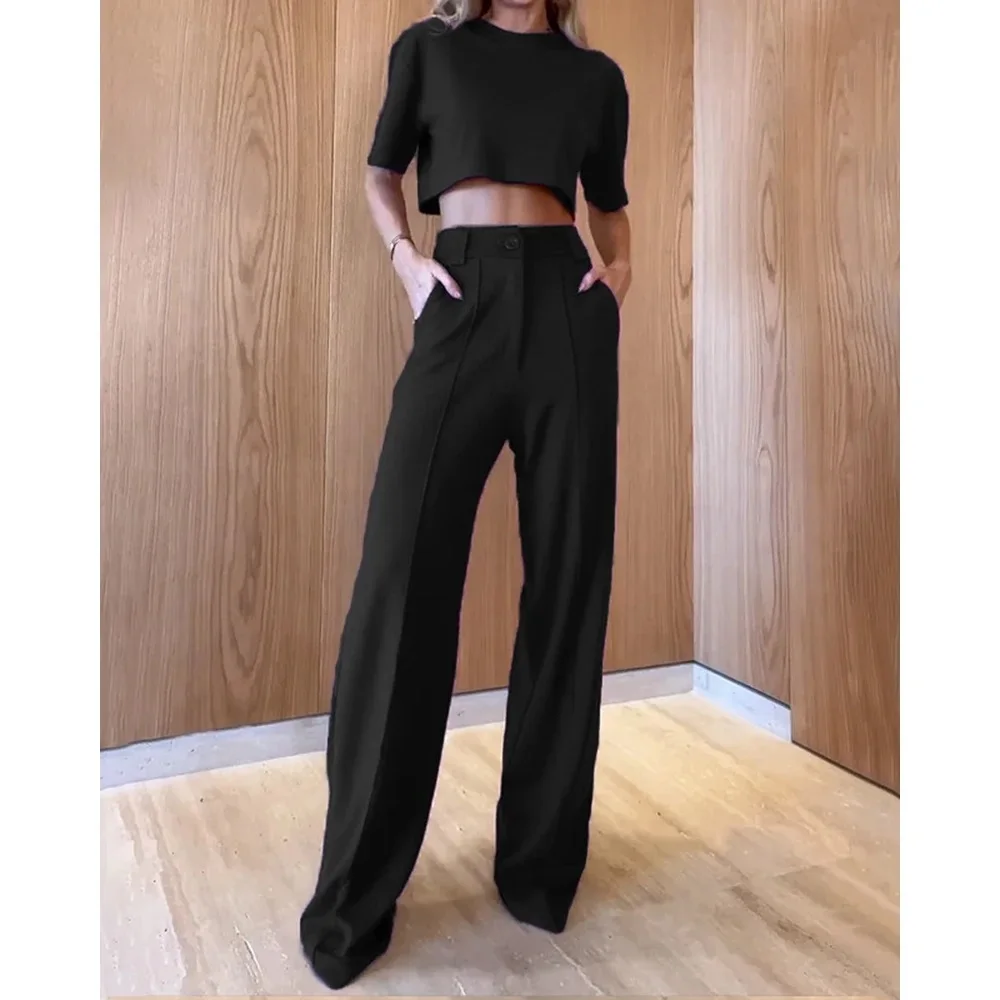 Summer Women Casual Elegant Half Sleeve Crop T-shirts & Wide Leg Pants Sets Female Lady Two Pieces Suit Set Workwear Outfits