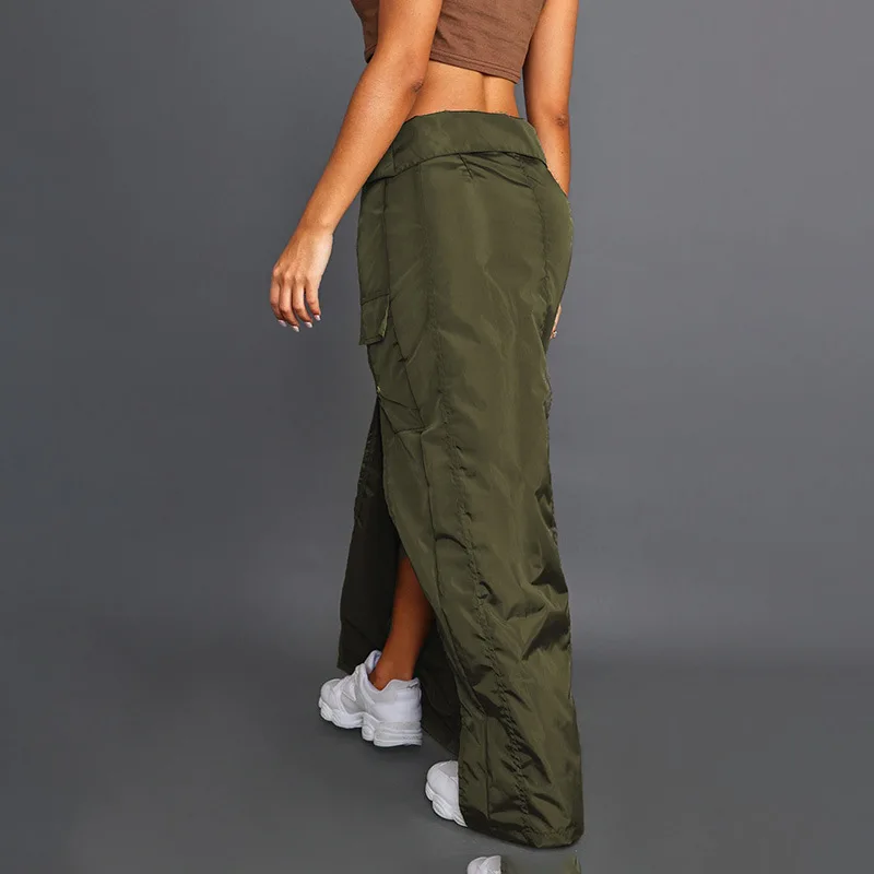 Fashion Women's Spring Summer Solid Color Army Green Casual Woven Side Slit Lapel Zipper Pocket Tooling Cargo Pants Skirt