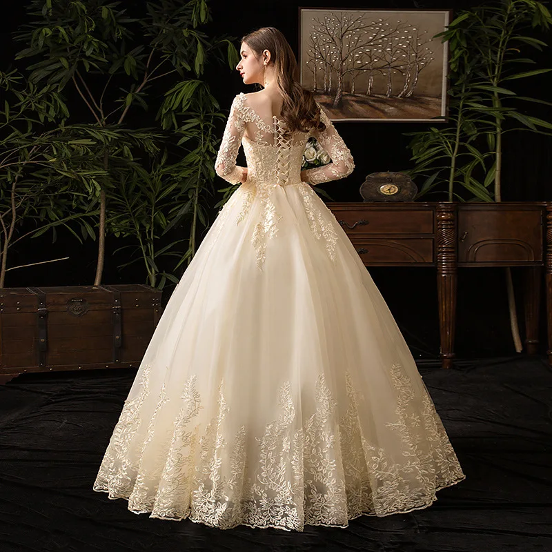 New Spring White Ivory Champagne Wedding Dresses With Sleeve Illusion Long Appliques Lace Embroidery Ball Gowns vestido De Noiva 6