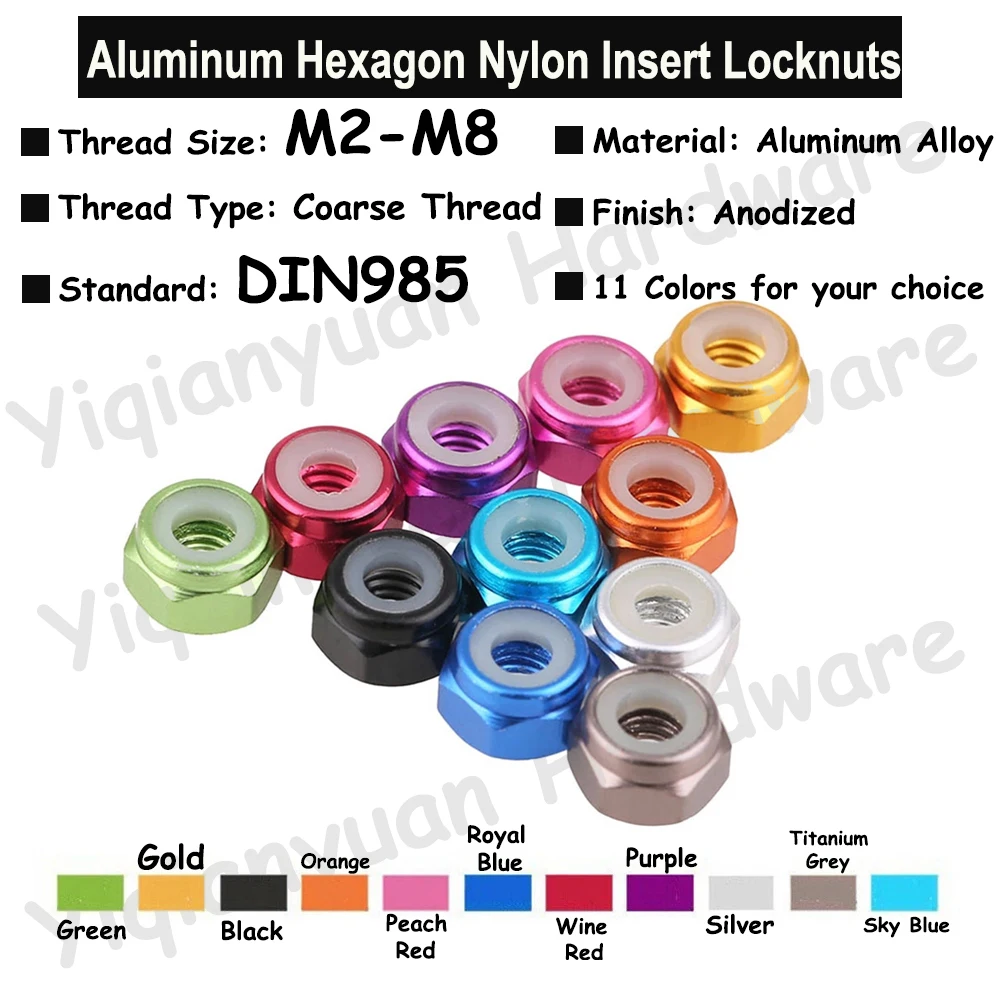 

Yiqianyuan Colorful Aluminum Nylon Insert Self-locking Nuts RC Car Accessories Motor Nuts M2 M2.5 M3 M4 M5 M6 M8 Coarse Thread