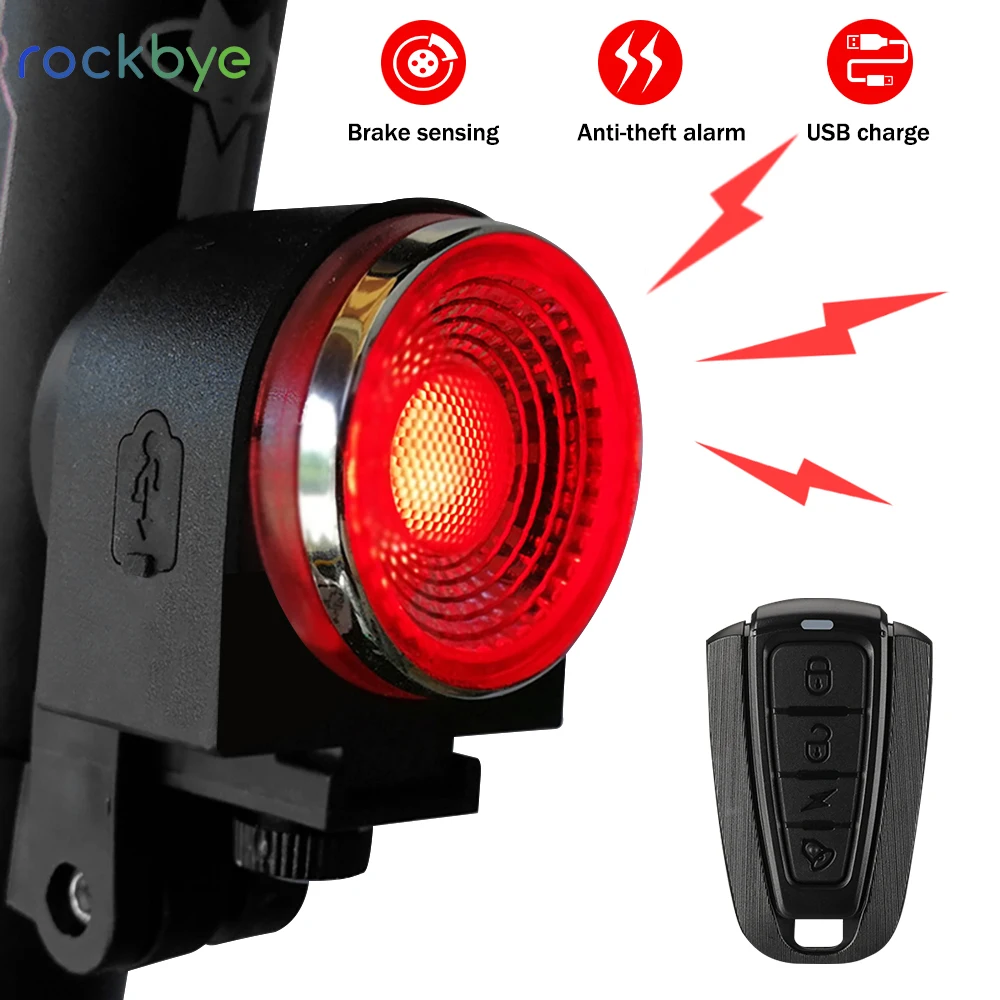 

Сигнал заднего фонаря велосипеда Rockbye с дистанционным управлением, умный датчик для велосипеда, лампа заднего фонаря, противоугонная безопасная сигнализация для велосипеда