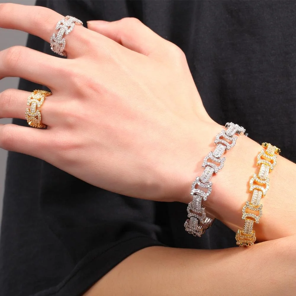 Uwin 12mm Byzantine Chain CZ Fully Iced Out Link Baguetter Pave Setting Necklace Jewelry Accessories