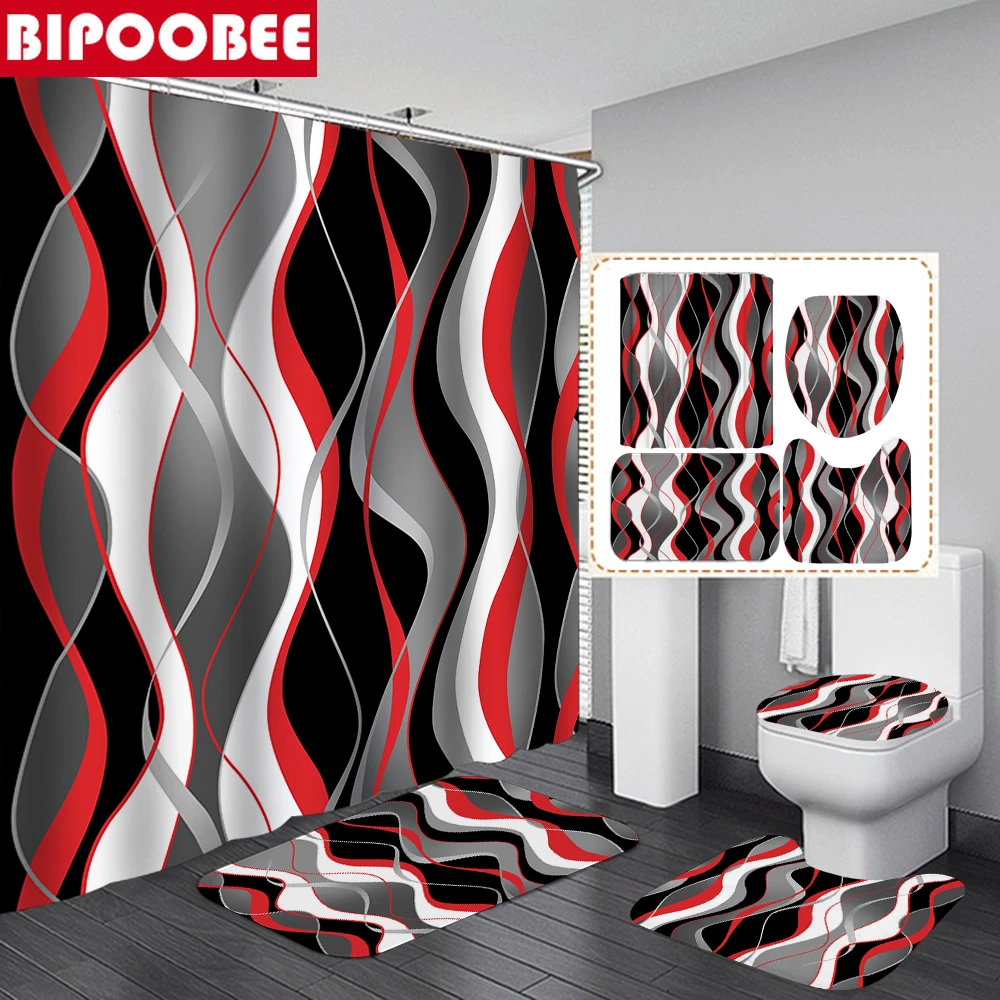 weg te verspillen commentaar verdwijnen Rood grijs modern golvende lijn badkamer sets zwart wit douchegordijn  toiletdeksel en badmat antislip tapijten home decor| | - AliExpress