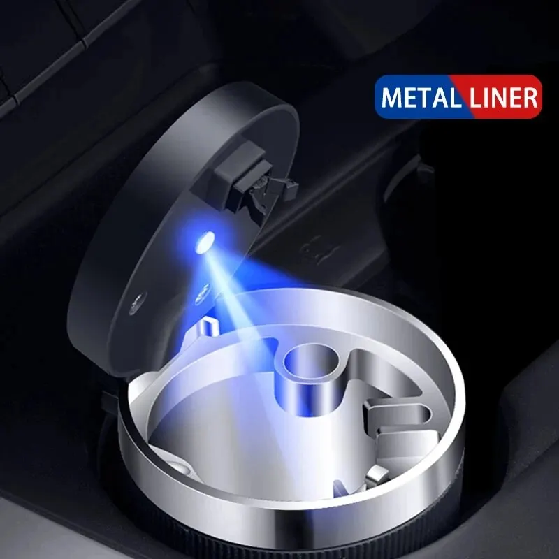 Car Ashtray With Lid Blue Led Smell Proof Portable Ashtray Cup for Auto Fireproof Shell One Touch Open Car Accessories car ashtray