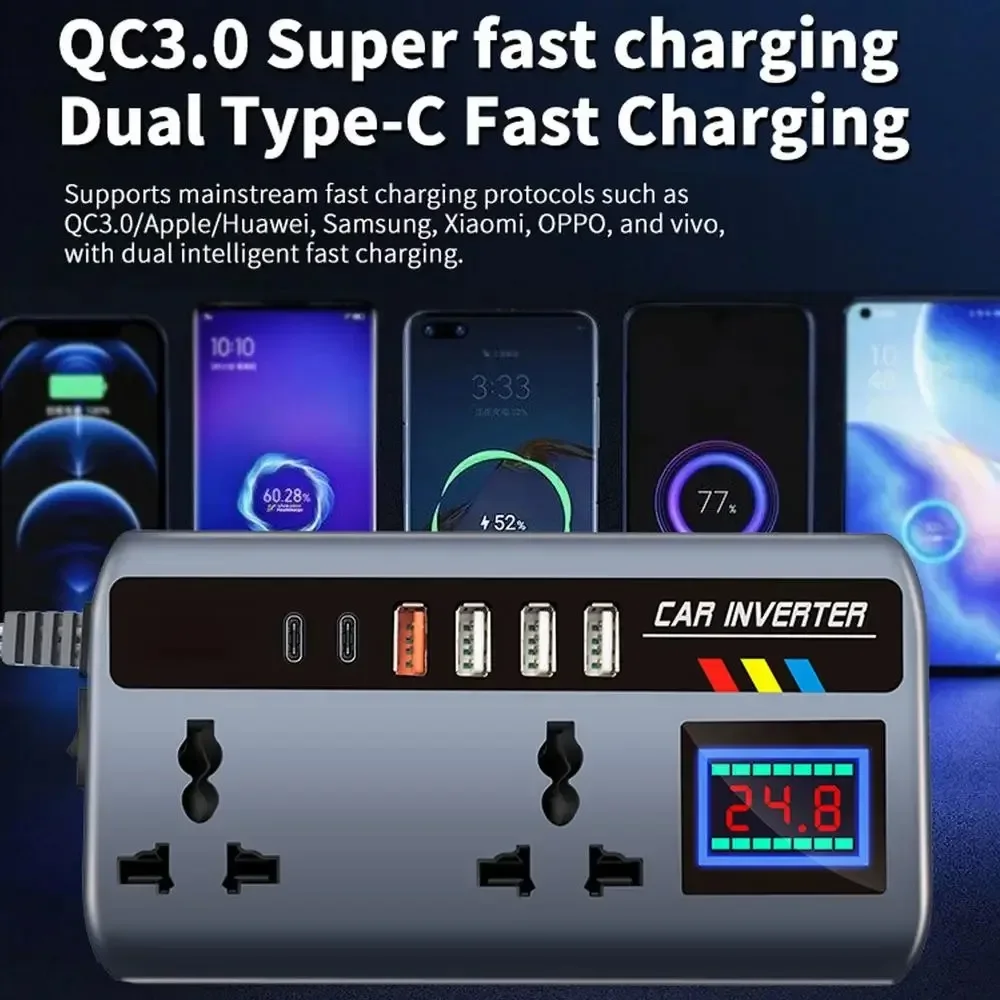 Versatile Portable Car Power Inverter with Quick Charge USB Ports