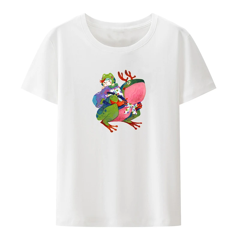 

Frogs Travel with Children on Their Backs Cotton T-shirts Cool Streetwear Koszulki Anime Shirt Summer Leisure Loose Humor Casual