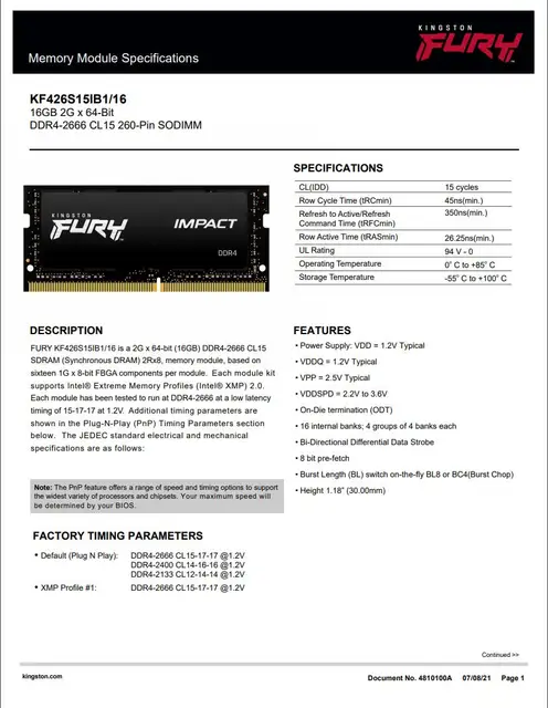 Kingston 16GB FURY Impact DDR4 2666 MHz SO-DIMM KF426S15IB1/16