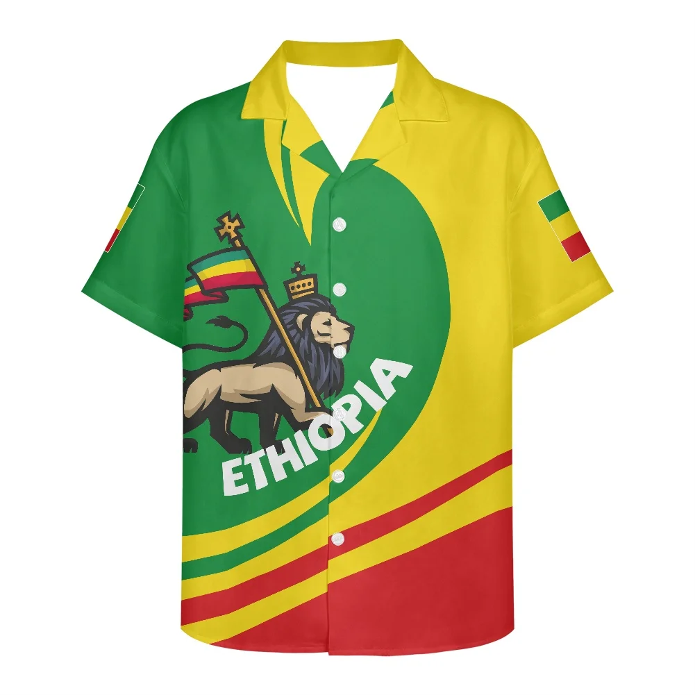 Men's Shirts Hawaii Traditional Ethiopia flag printing Summer 2022 New Design Clothes Short-Sleeved New Design V Neck Men's Shi