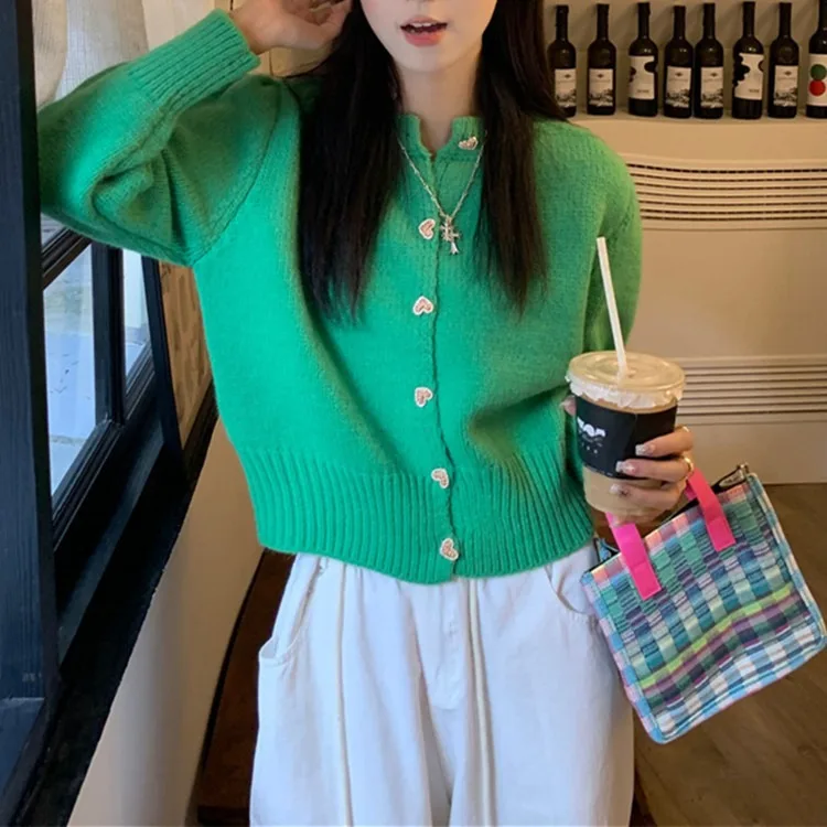 

Женский простой короткий зеленый Повседневный свитер, универсальный осенний свитер с круглым вырезом, 2024