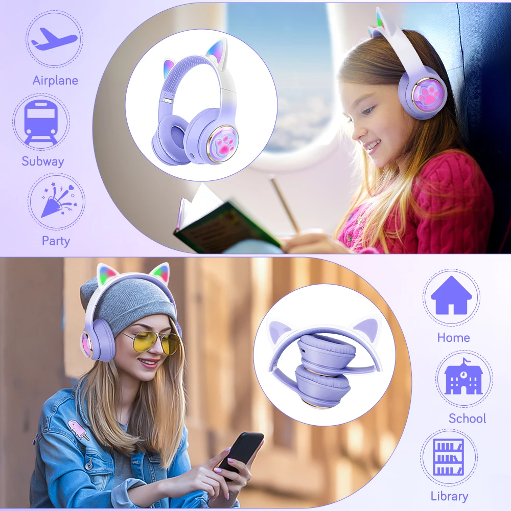 RGB Cat Ear Wireless Headphones for PC Cute 3D Space Capsule