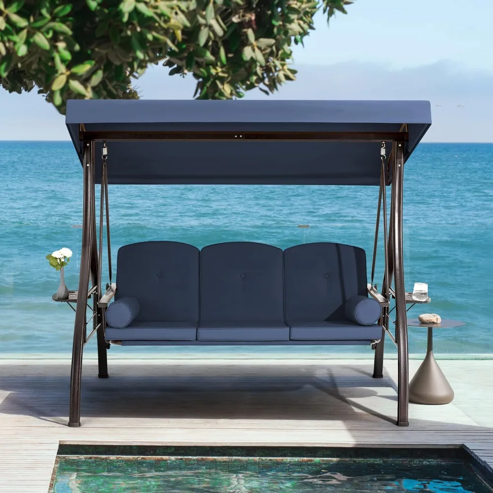3-Seat Outdoor Porch Swing with Adjustable Canopy and Backrest, Patio Swing Chair with Weather Resistant Steel Frame