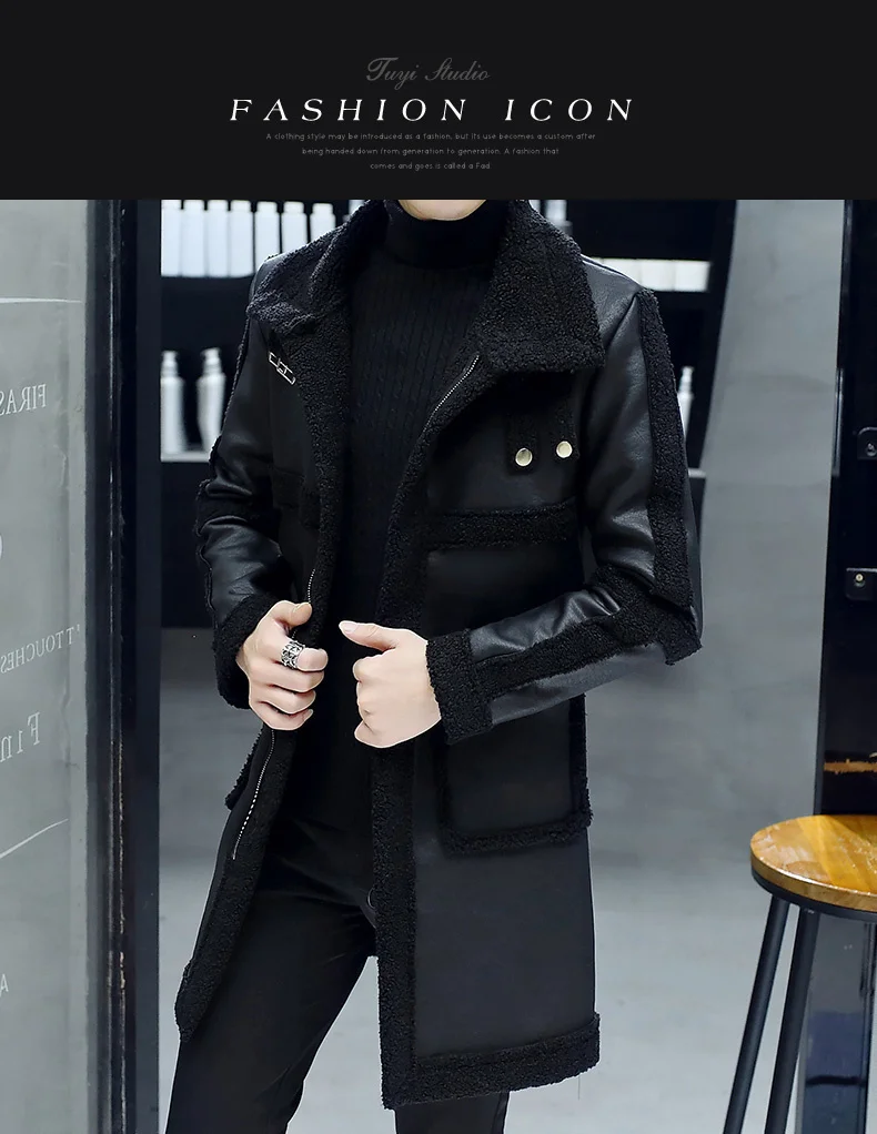 Jacket Faux Leather Men Mid-length Leather Coat Winter Fleece 